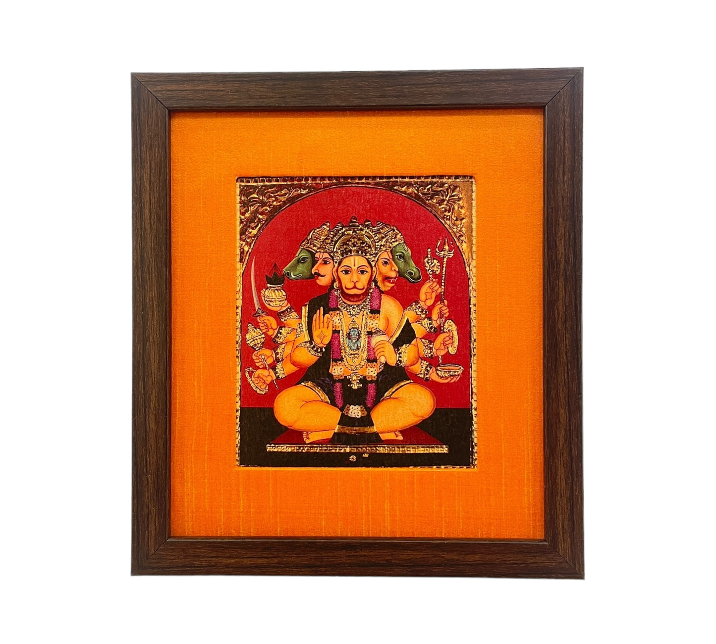 Transcendent Majesty of God Panchamooki Hanuman With Brown Frame