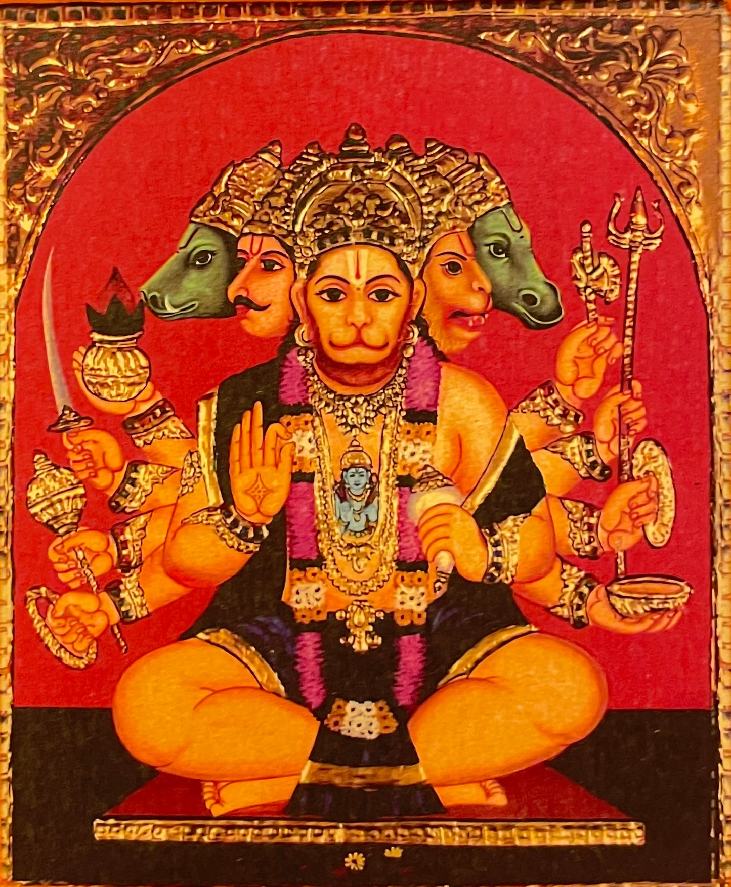 Transcendent Majesty of God Panchamooki Hanuman With Brown Frame