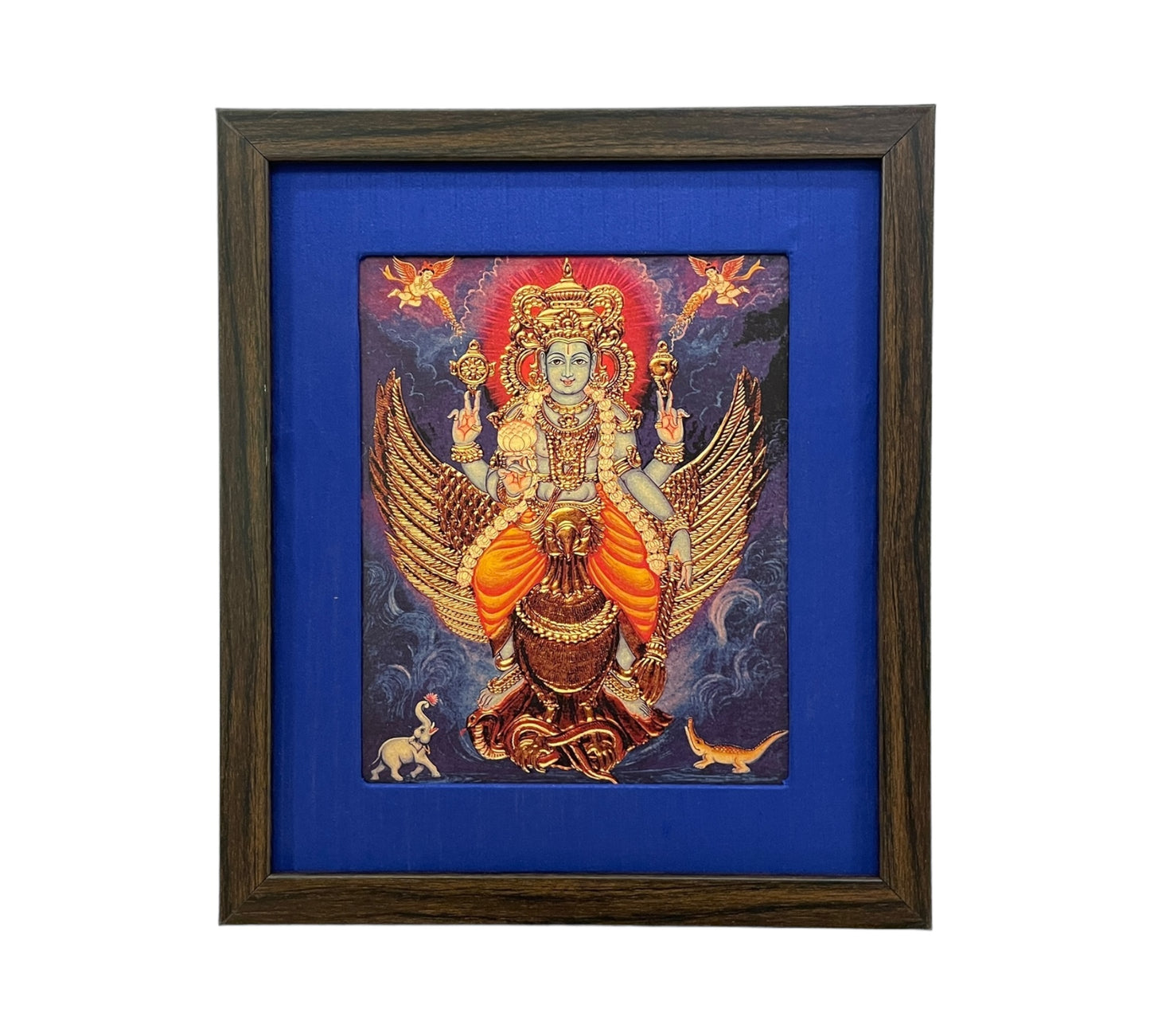 Sacred Serenity: Mahavishnu With Garuda Bhagavan With Blue Silk With Brown Frame