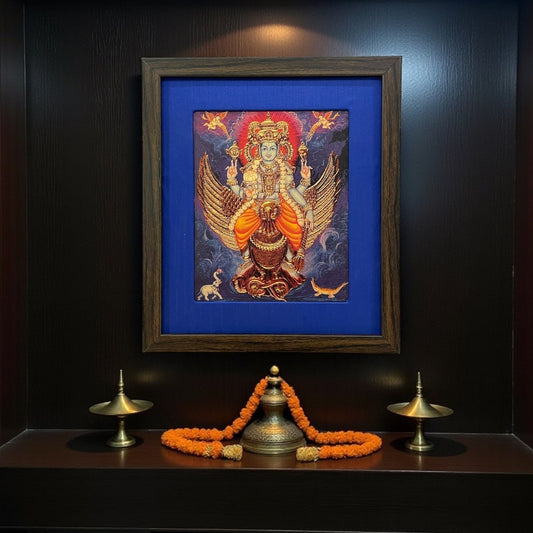 Sacred Serenity: Mahavishnu With Garuda Bhagavan With Blue Silk With Brown Frame