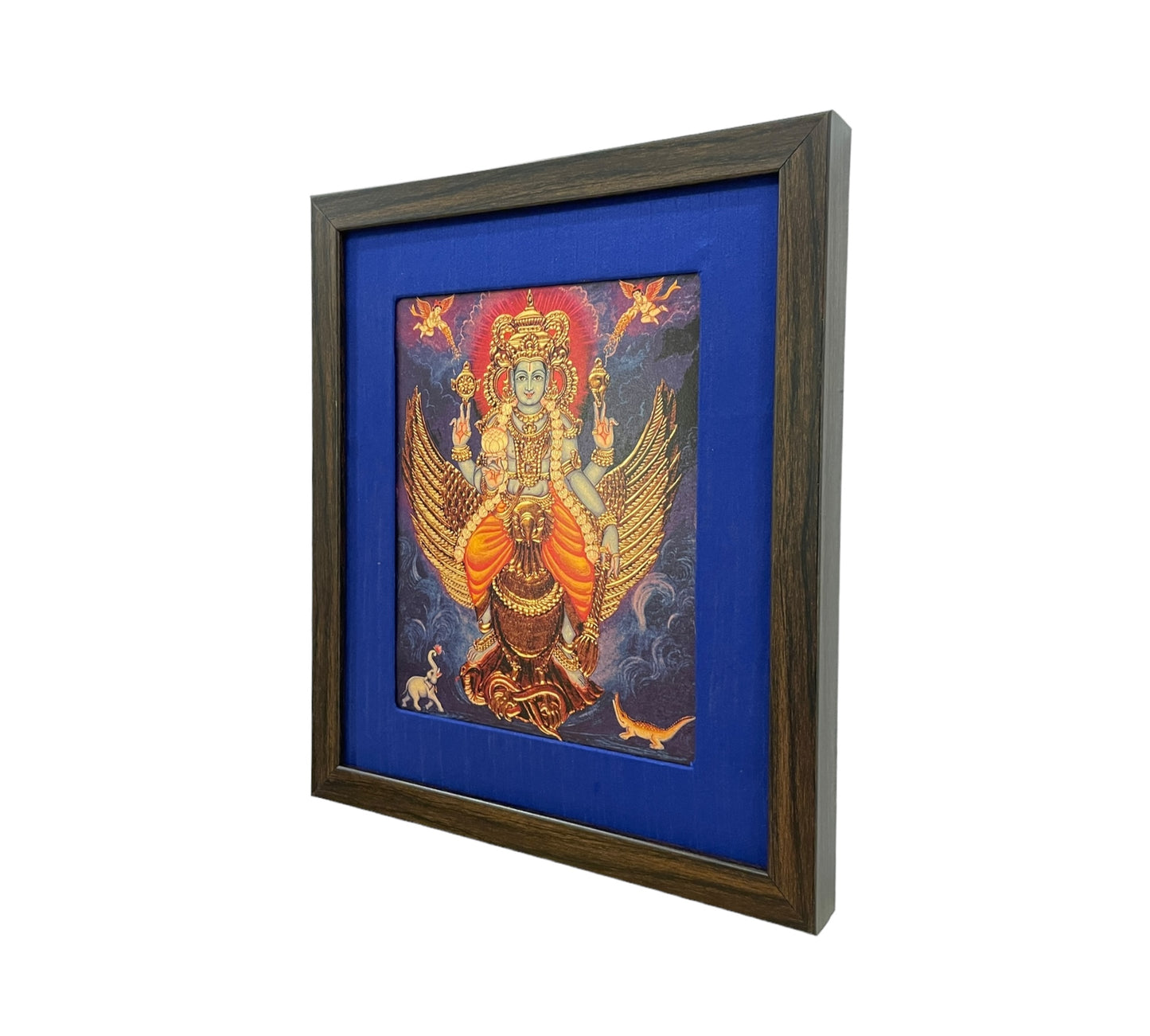 Sacred Serenity: Mahavishnu With Garuda Bhagavan With Blue Silk With Brown Frame