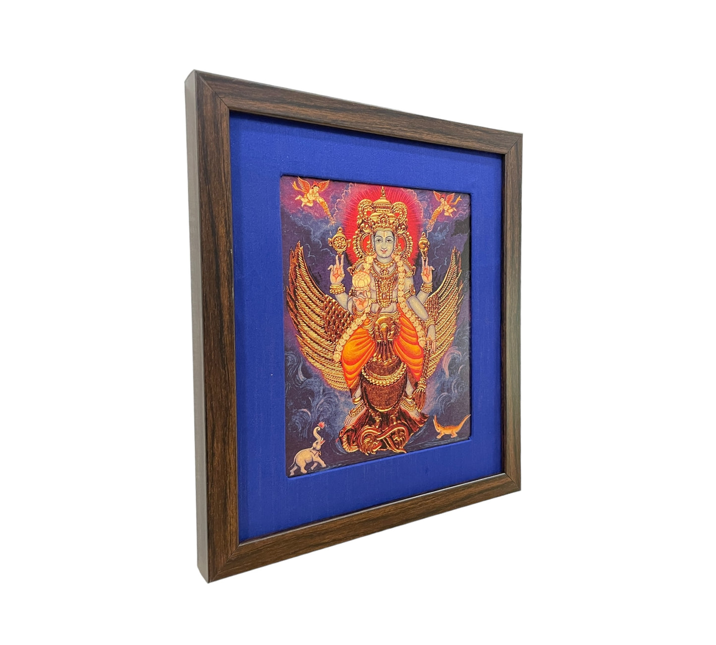 Sacred Serenity: Mahavishnu With Garuda Bhagavan With Blue Silk With Brown Frame