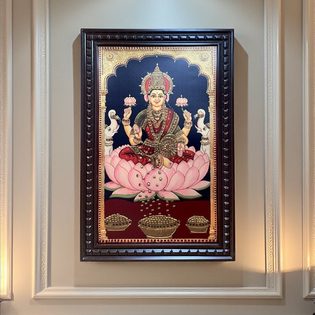 Goddess Lakshmi Gold Leaf Art in Wooden Frame