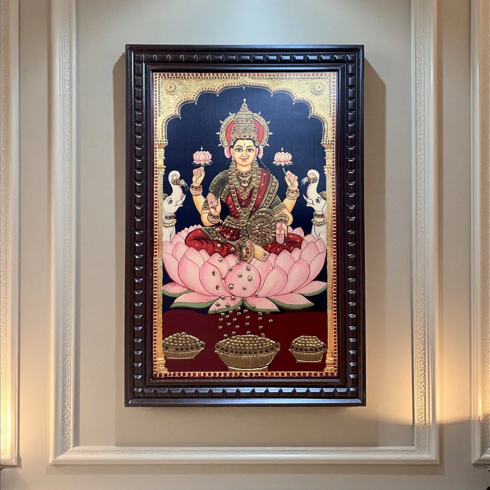 Goddess Lakshmi Gold Leaf Art in Wooden Frame