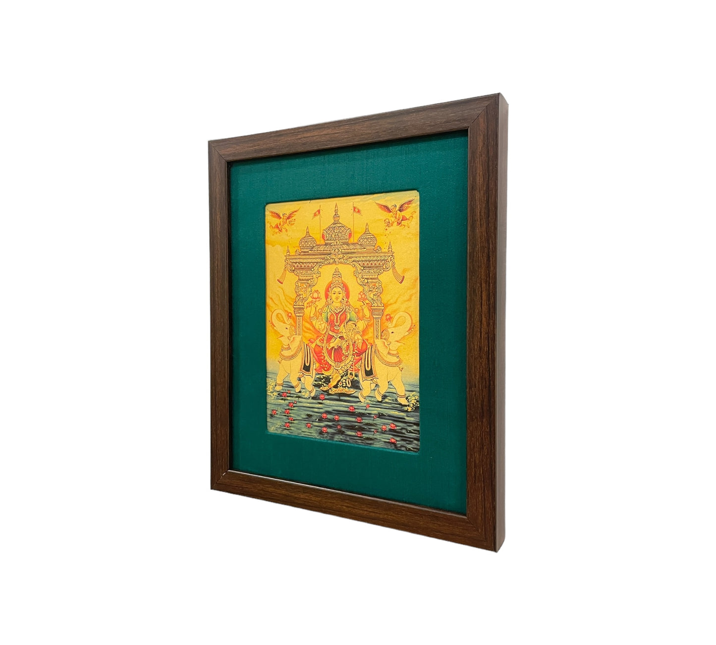 Verdant Blessings: Gajalakshmi Devi's Divine Presence in Green Silk With Brown Frame