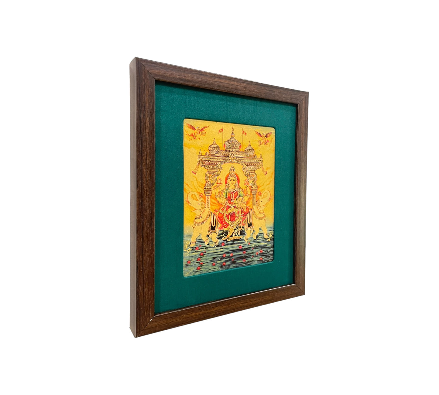 Verdant Blessings: Gajalakshmi Devi's Divine Presence in Green Silk With Brown Frame