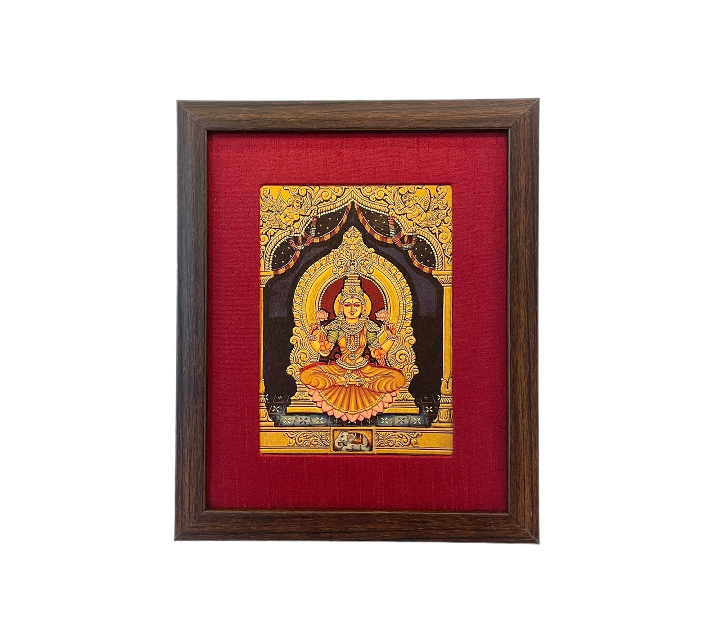 Ruby Radiance: Lakshmi Devi's Divine Presence in Red Silk With Brown Frame