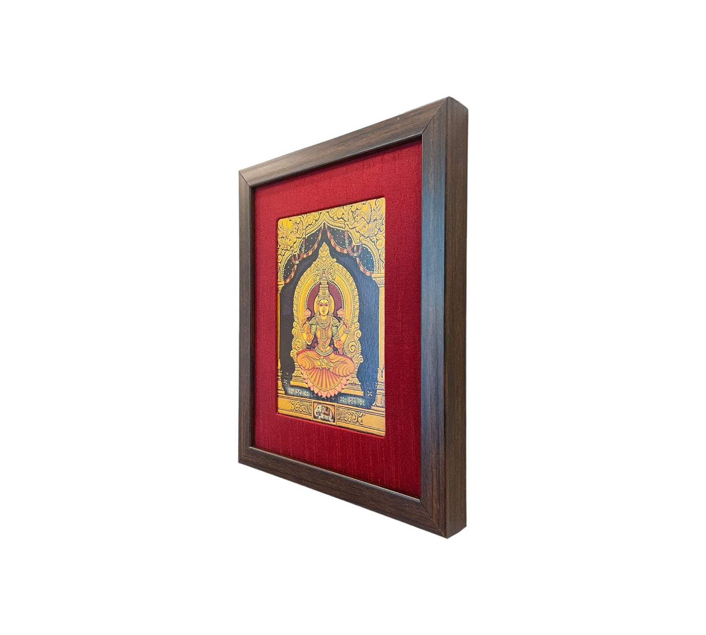 Ruby Radiance: Lakshmi Devi's Divine Presence in Red Silk With Brown Frame