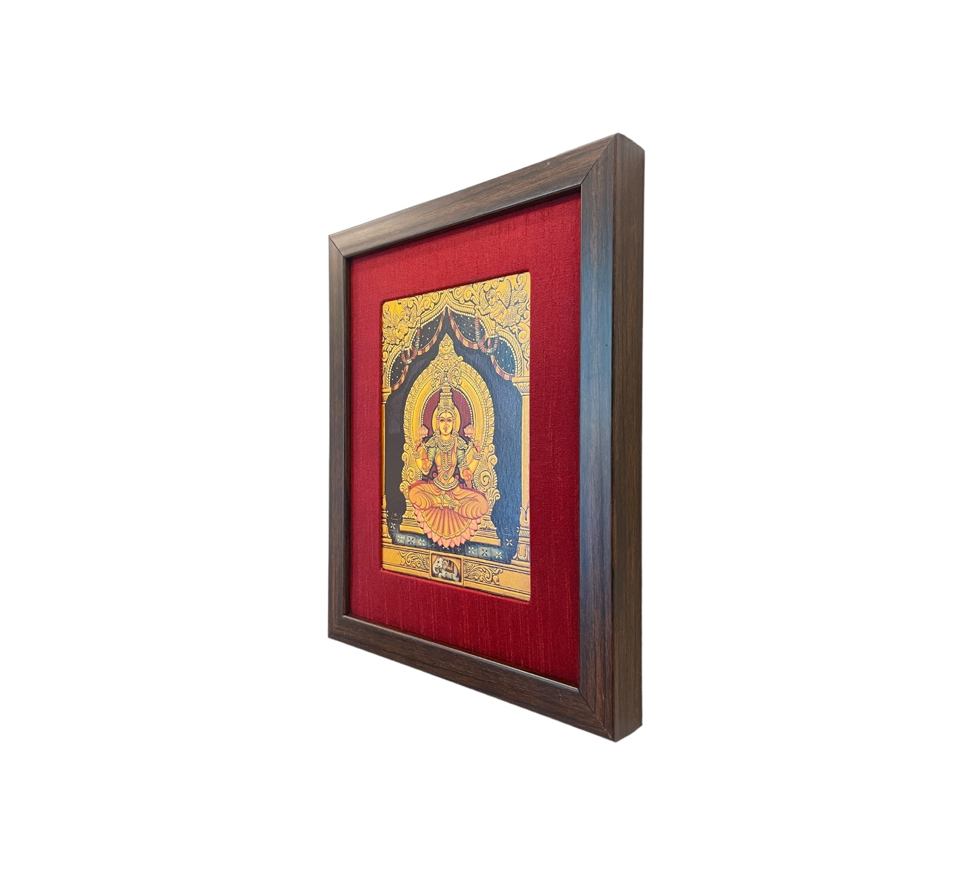 Lakshmi Gold Leafed Artwork in Red Silk With Brown Frame