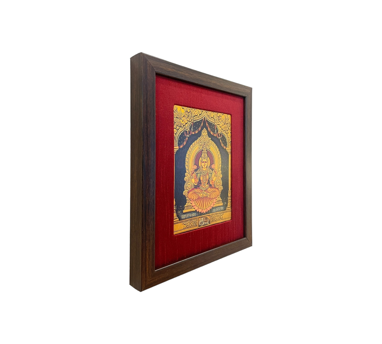 Ruby Radiance: Lakshmi Devi's Divine Presence in Red Silk With Brown Frame