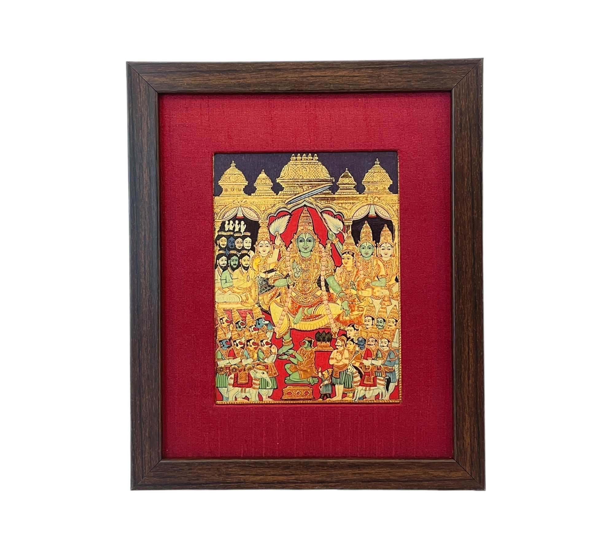 Sacred Coronation: Lord Rama's Pattabhishekam in Red Silk Brown Frame