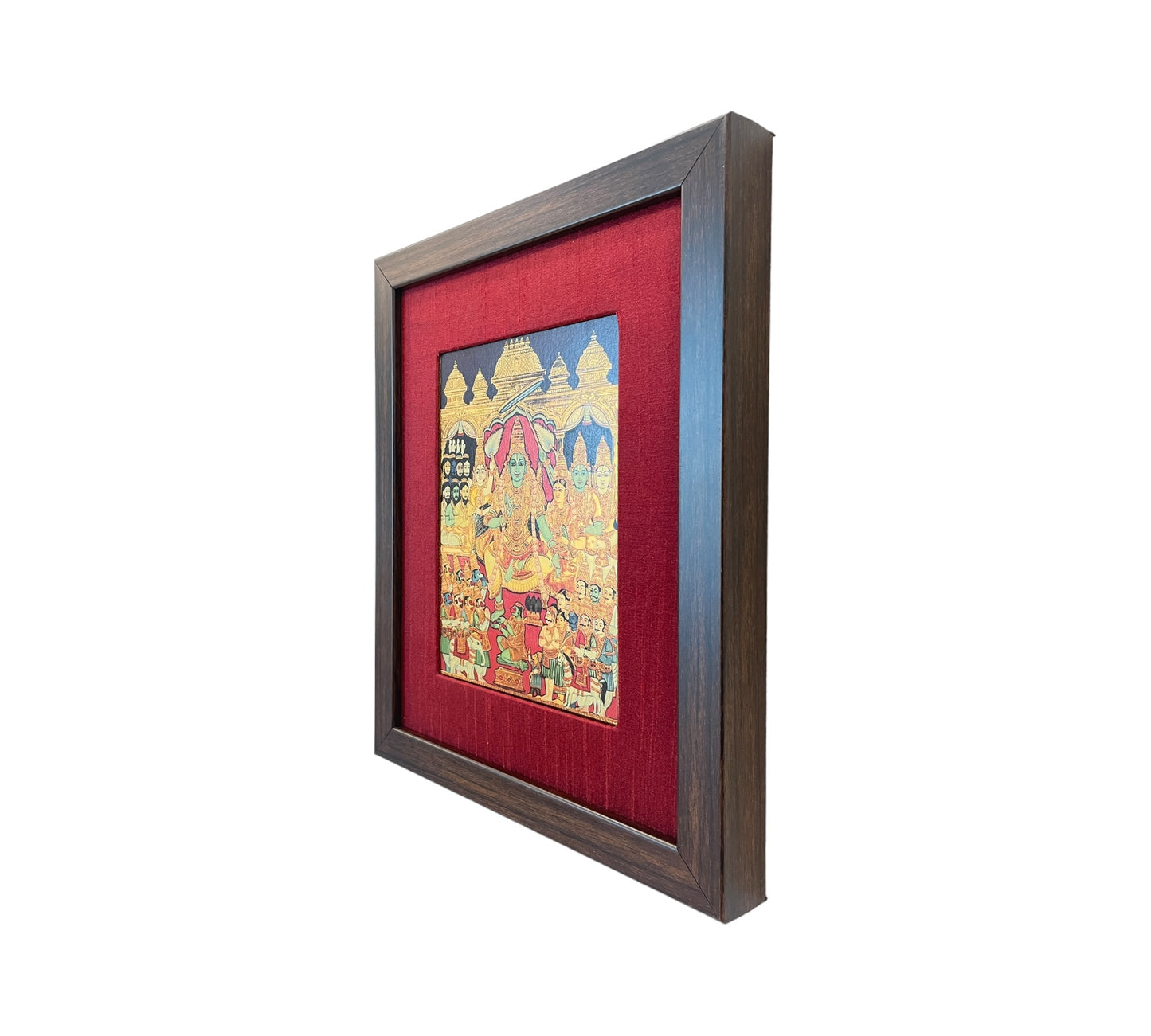 Sacred Coronation: Lord Rama's Pattabhishekam in Red Silk Brown Frame