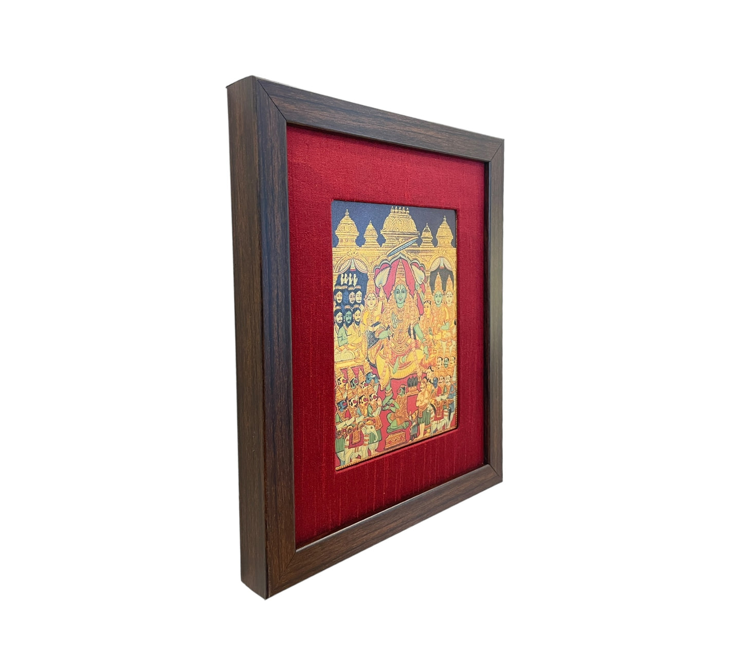 Sacred Coronation: Lord Rama's Pattabhishekam in Red Silk Brown Frame