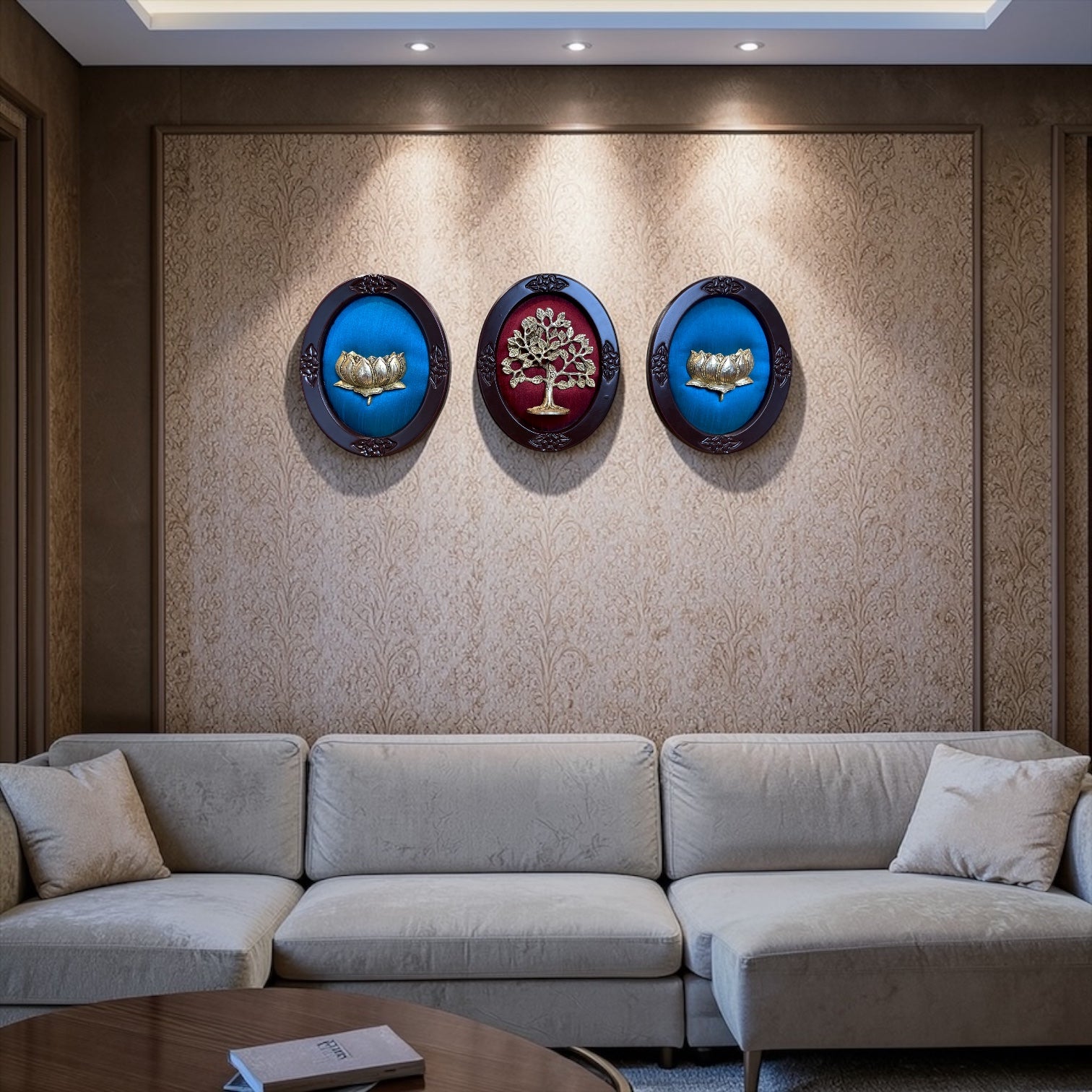 Premium Brass Lotus & Kalpavriksha Wall Art Set