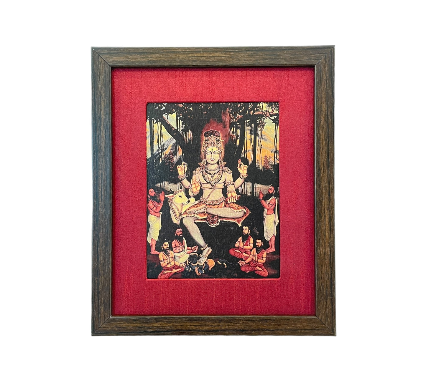 Sacred Wisdom Unveiled: God Dakshinamurthy Presence in Red Silk With Brown Frame