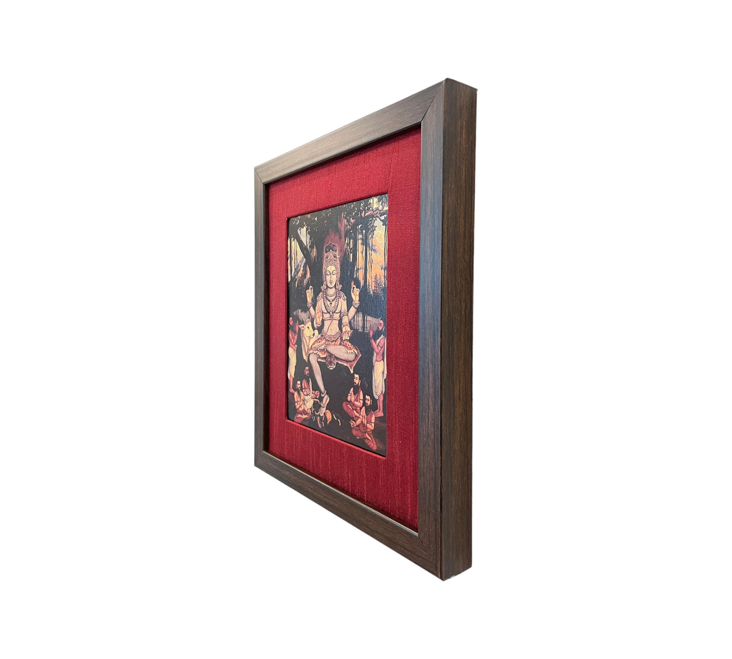 Sacred Wisdom Unveiled: God Dakshinamurthy Presence in Red Silk With Brown Frame