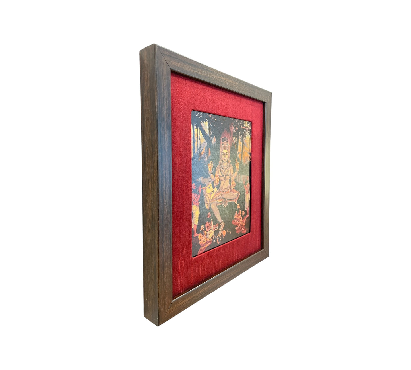 Sacred Wisdom Unveiled: God Dakshinamurthy Presence in Red Silk With Brown Frame