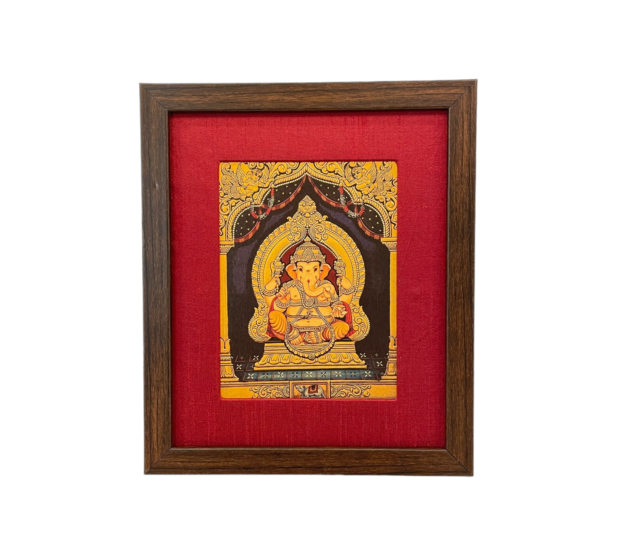 Shri Ganesha Gold Leafed Artwork with Red Silk With Brown Frame