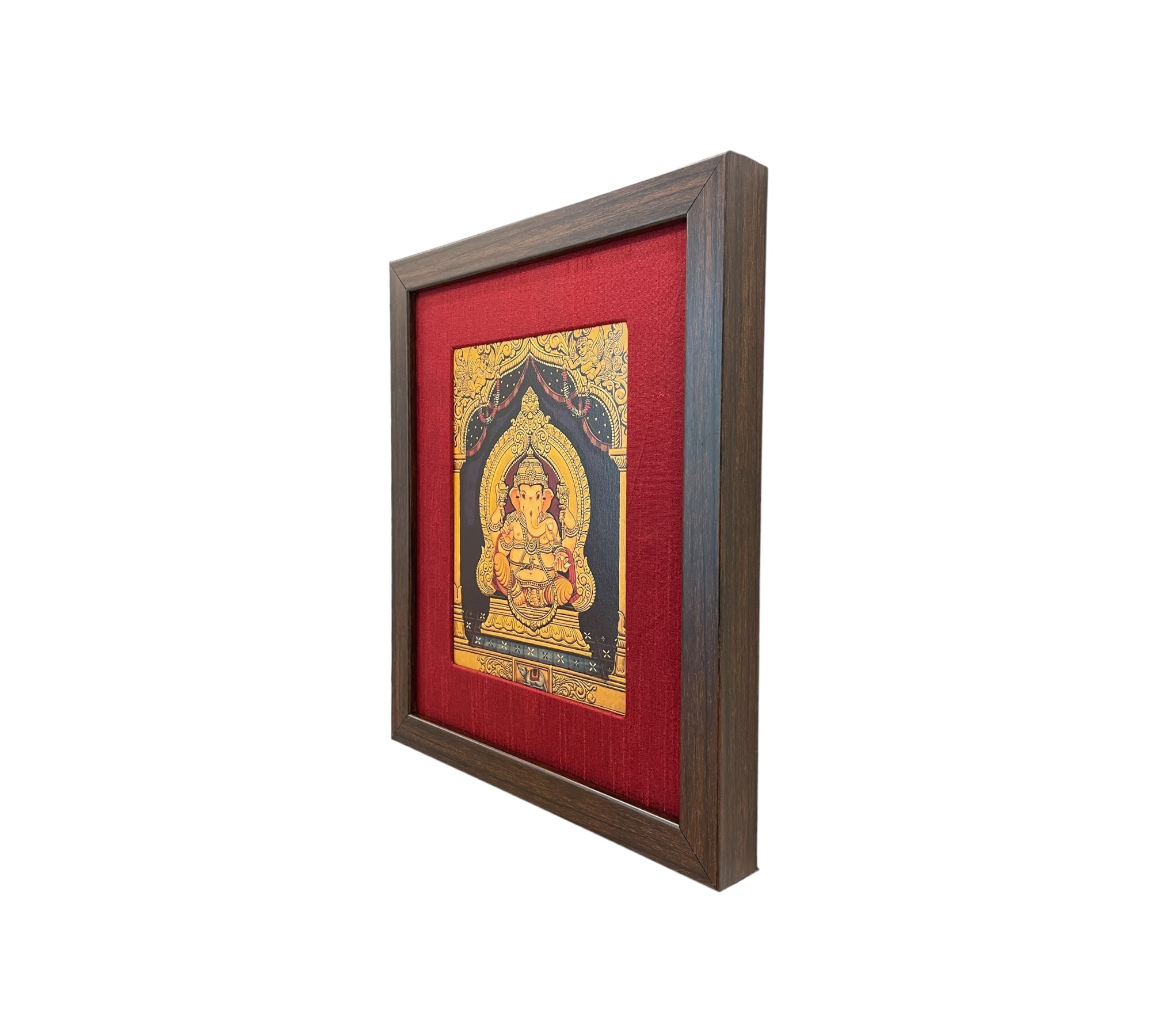 Shri Ganesha Gold Leafed Artwork with Red Silk With Brown Frame