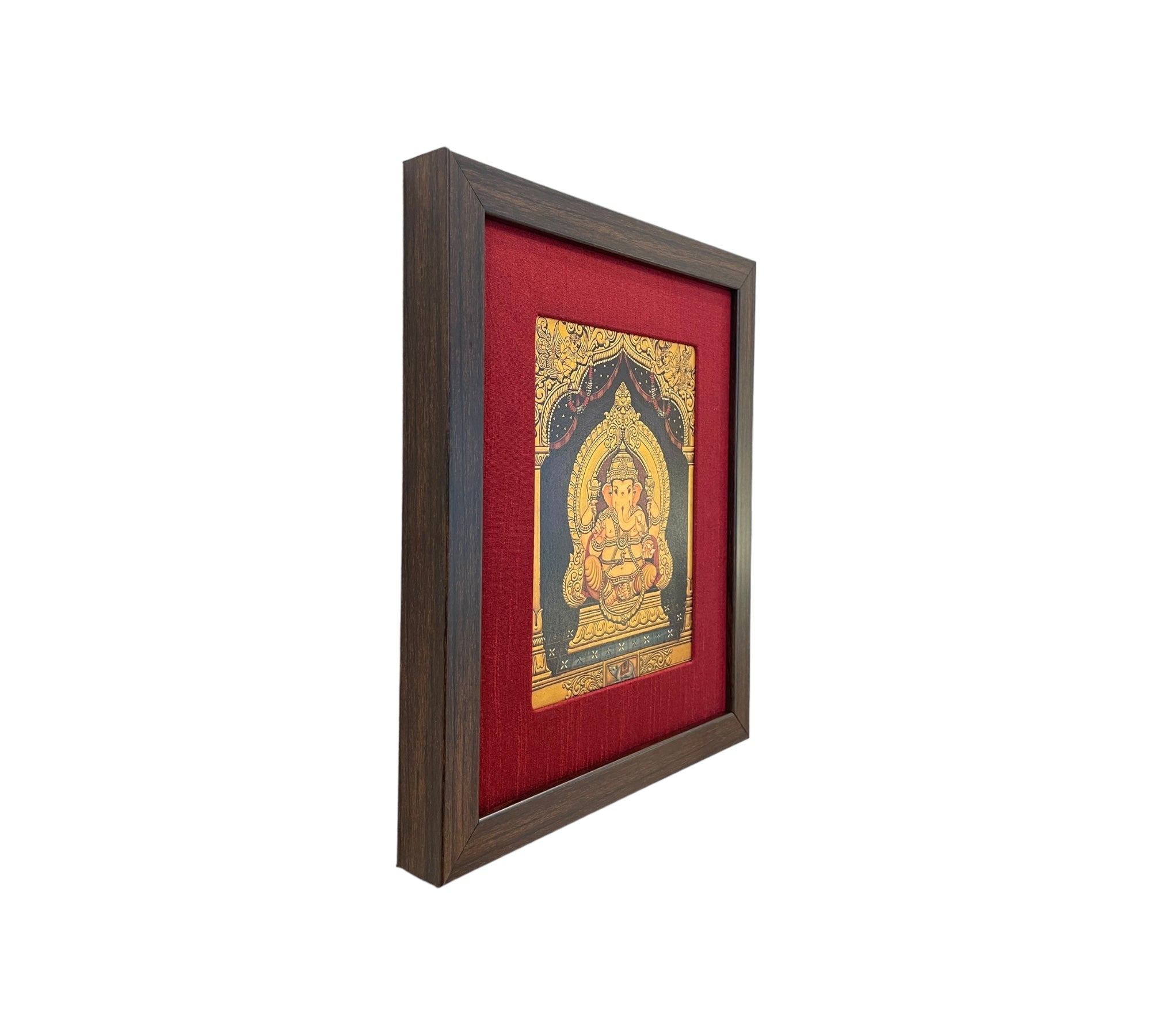 Shri Ganesha Gold Leafed Artwork with Red Silk With Brown Frame