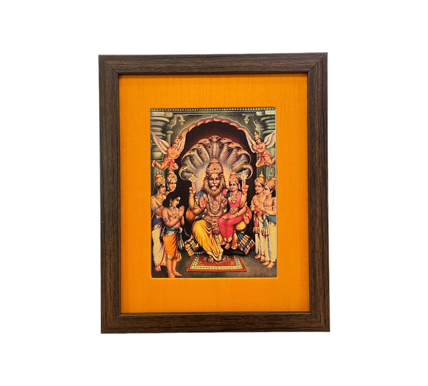 Sacred Harmony: God Lakshmi Narasimha Swamy in Orange Silk With Brown Frame