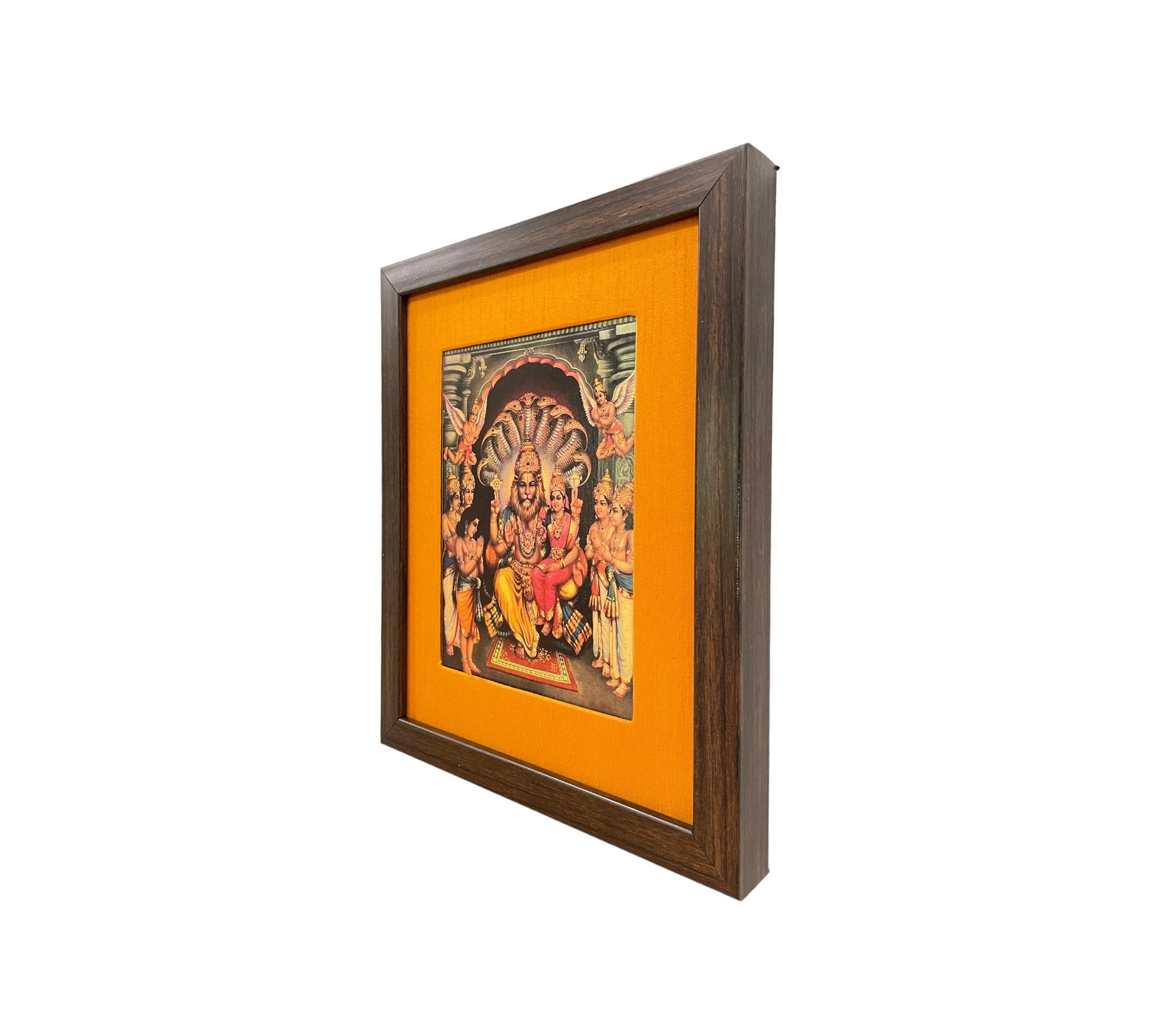 Sacred Harmony: God Lakshmi Narasimha Swamy in Orange Silk With Brown Frame
