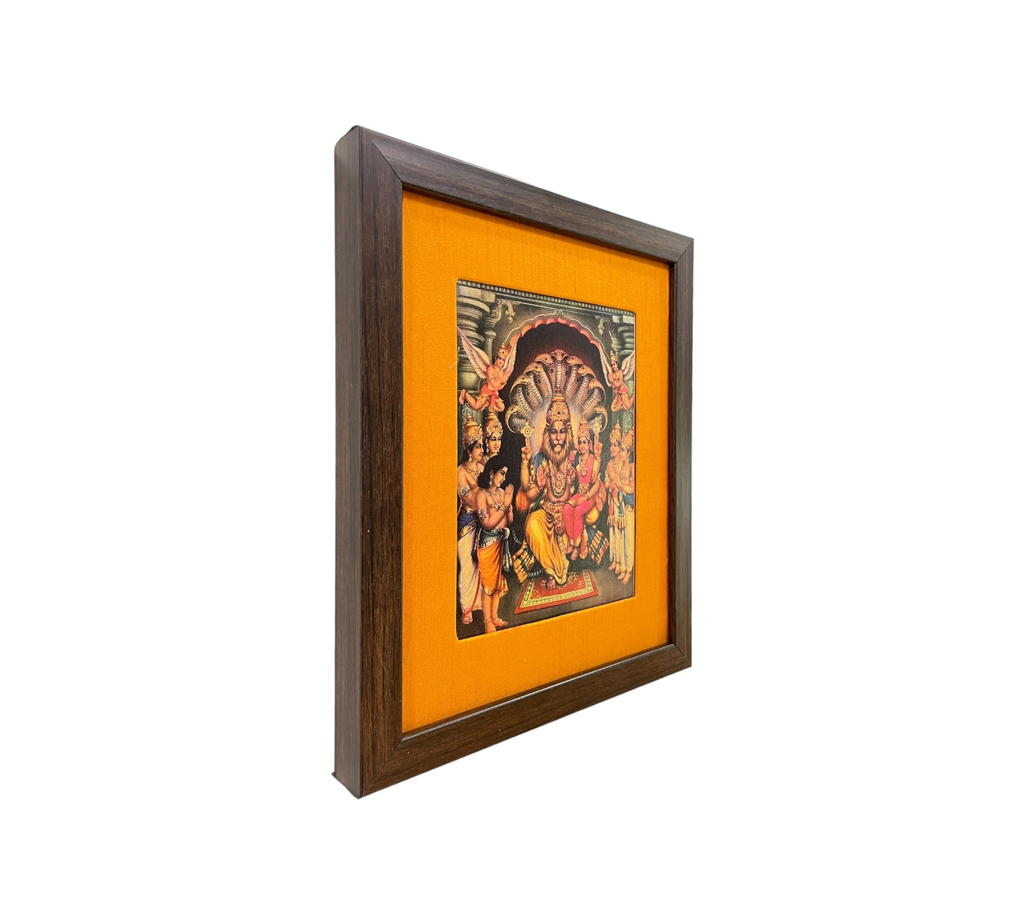 Sacred Harmony: God Lakshmi Narasimha Swamy in Orange Silk With Brown Frame