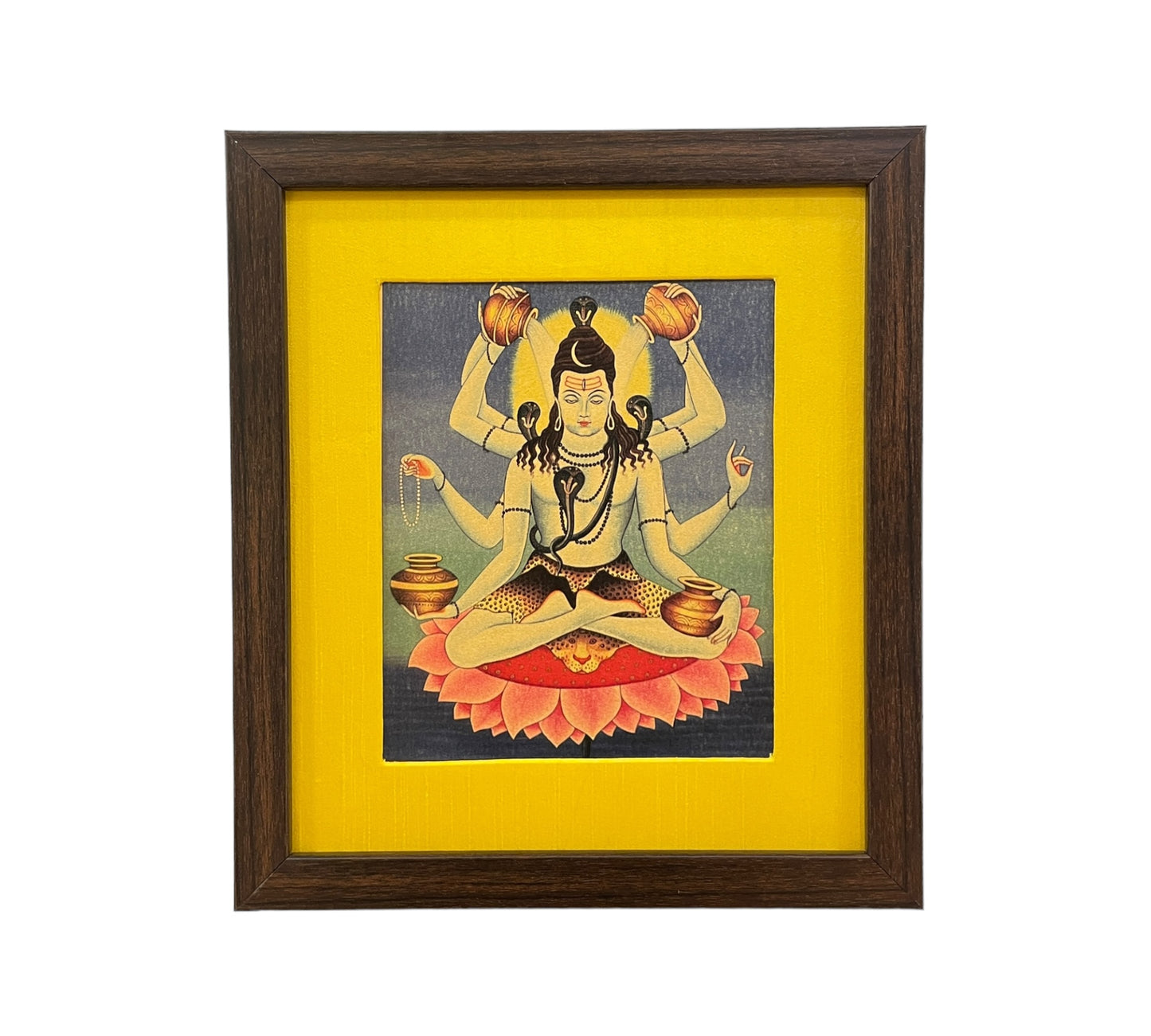 Sacred Radiance: Maha Mrityunjaya in Serene in Yellow Silk With Brown Frame