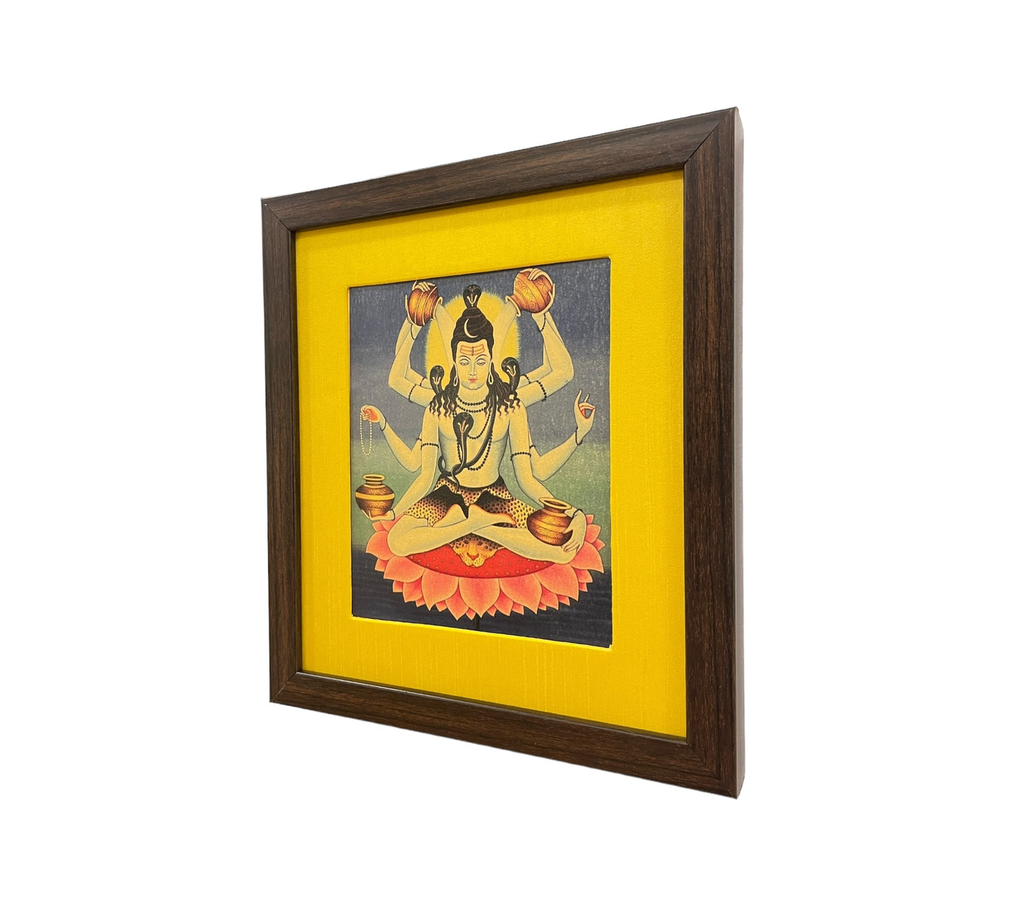 Sacred Radiance: Maha Mrityunjaya in Serene in Yellow Silk With Brown Frame