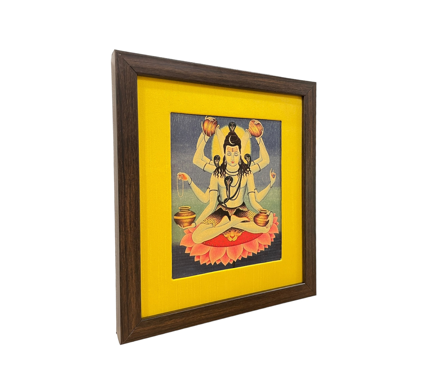 Sacred Radiance: Maha Mrityunjaya in Serene in Yellow Silk With Brown Frame