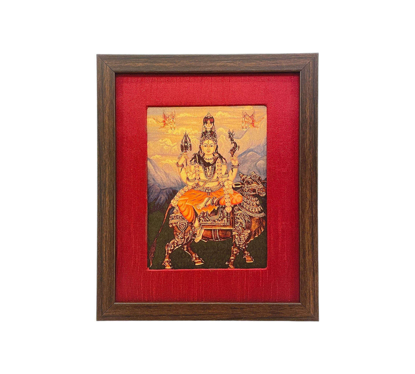 Divine Harmony: Shiva on Nandi in Resplendent Red Silk with Brown Frame