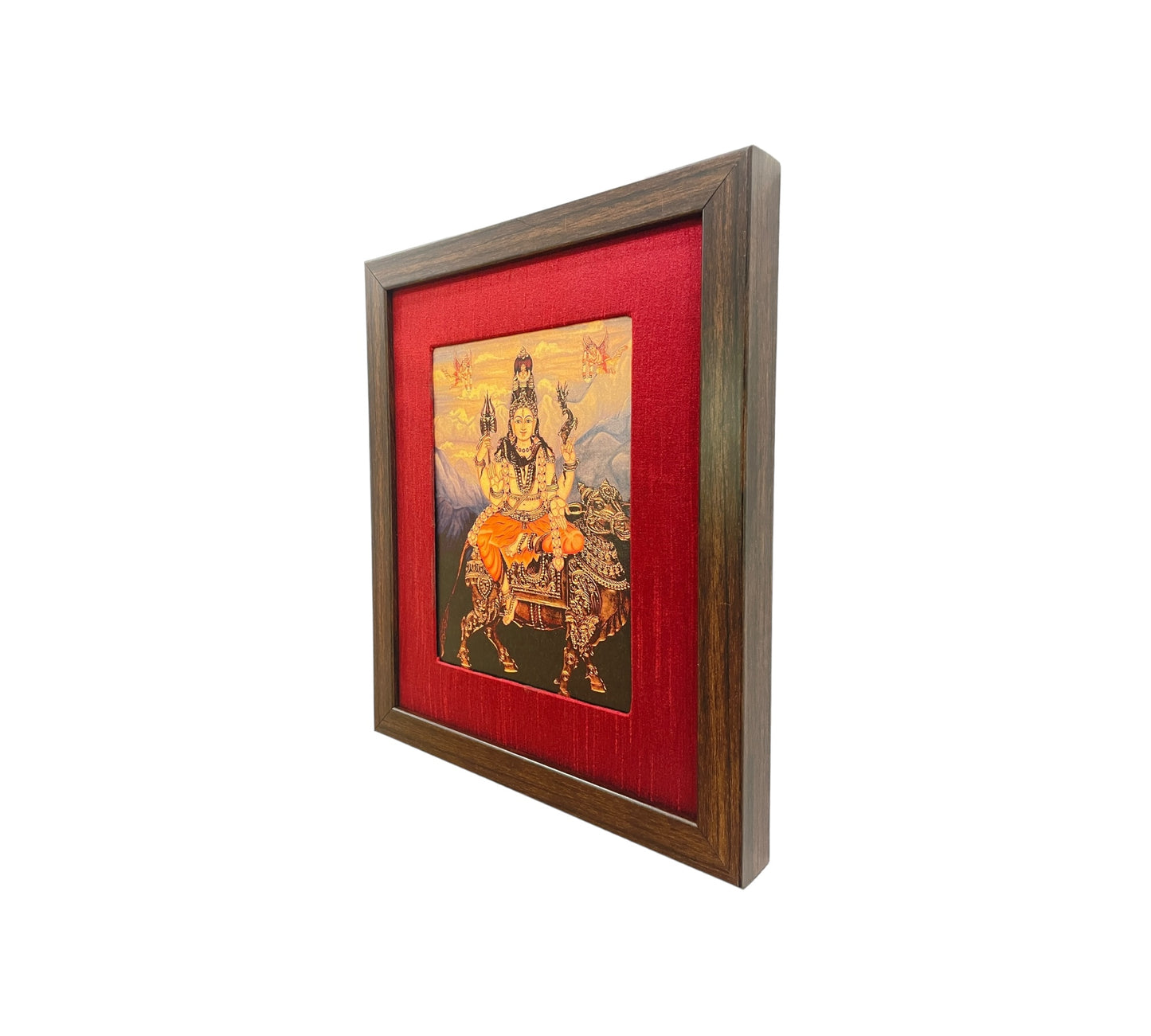 Divine Harmony: Shiva on Nandi in Resplendent Red Silk with Brown Frame