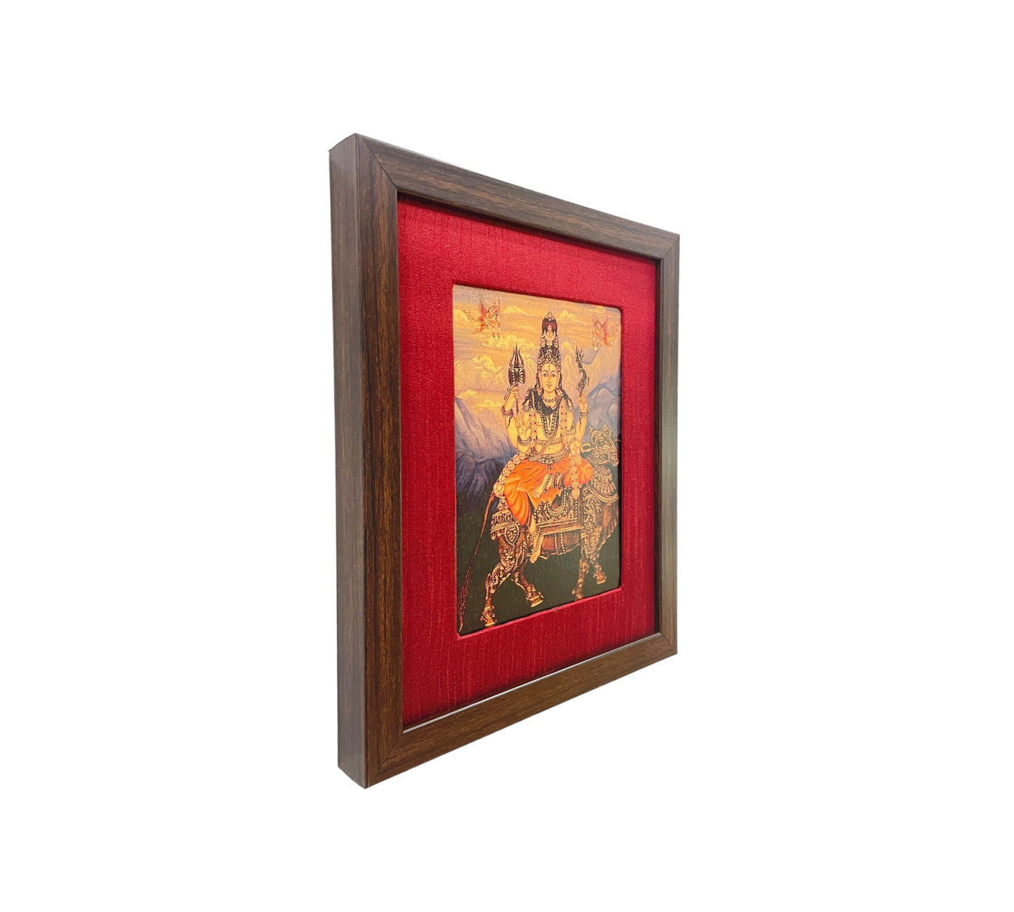 Divine Harmony: Shiva on Nandi in Resplendent Red Silk with Brown Frame