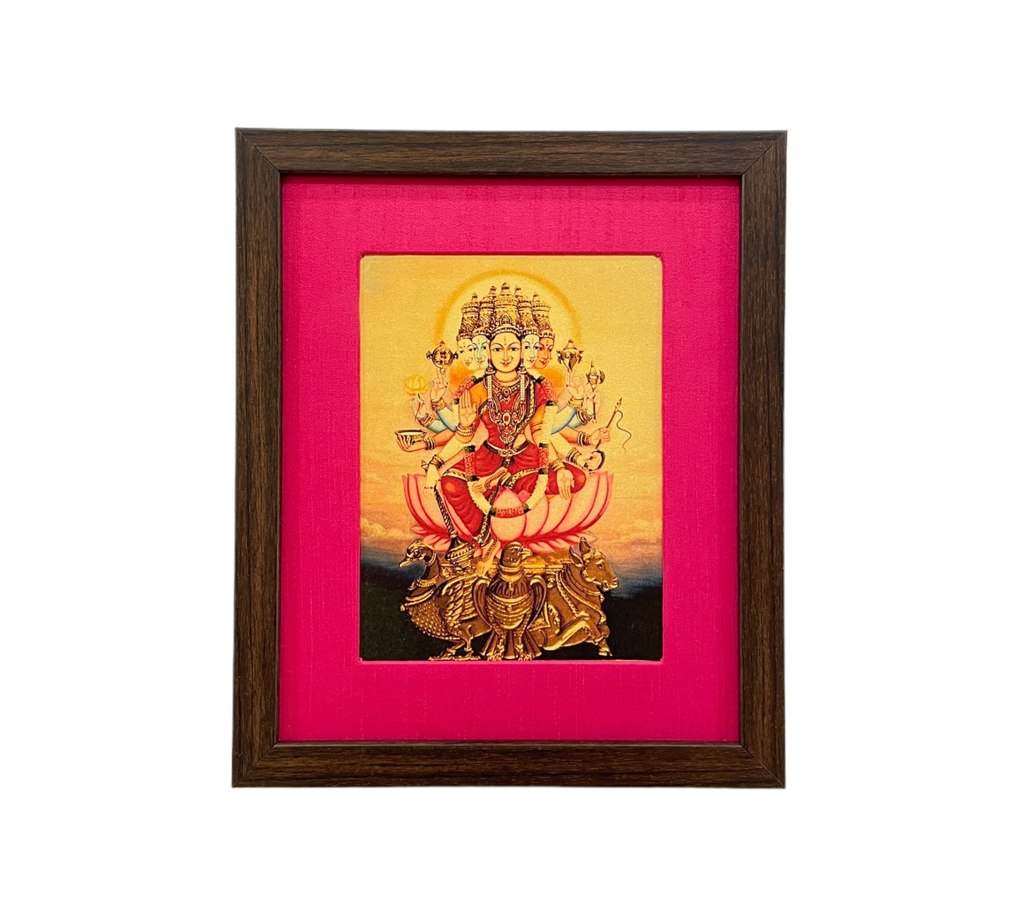 Serenity in Pink: Devotion to Gayathri Matha Devi in Pink Silk With Brown Frame