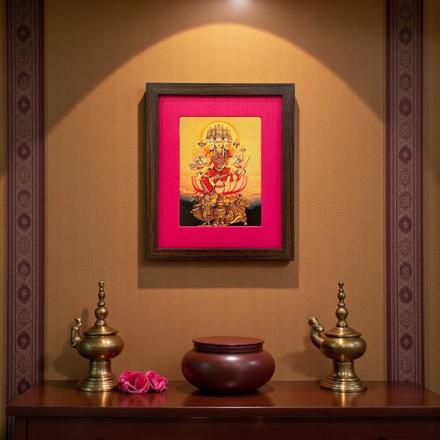 Serenity in Pink: Devotion to Gayathri Matha Devi in Pink Silk With Brown Frame