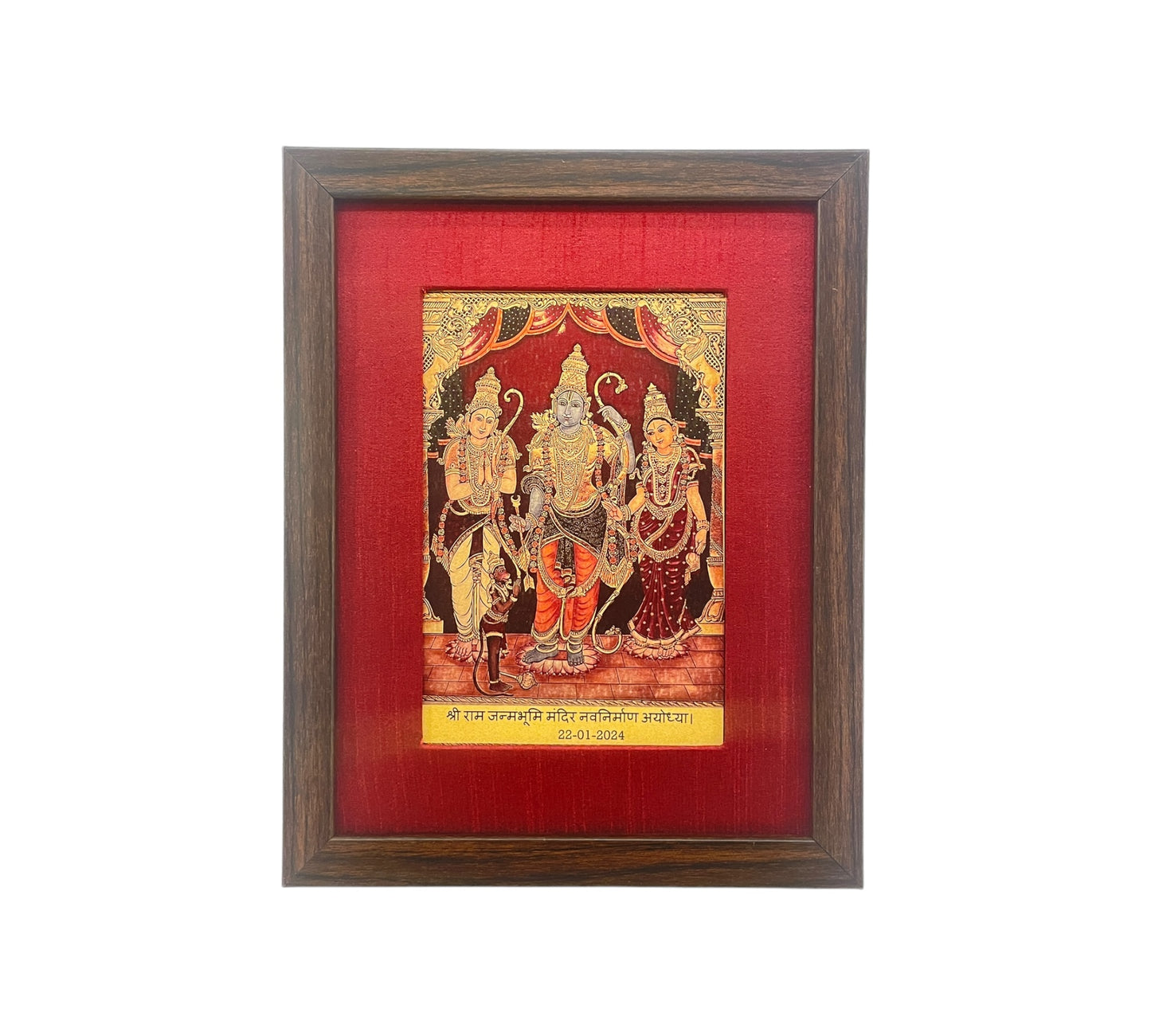 Rama,Sita,Lakshmana & Hanuman in Red Silk With Brown Frame