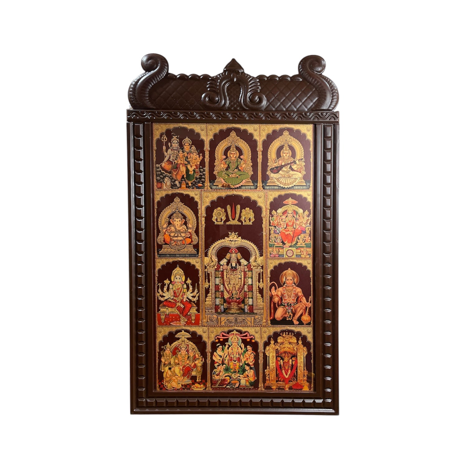 Gold-Leafed 11 Gods in One Frame – Tirupati Balaji, Shiva Parivaar, Lakshmi, Saraswati, Temple-Style Pooja Room Digital Artwork