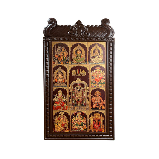 Gold-Leafed 11 Gods in One Frame – Tirupati Balaji, Shiva Parivaar, Lakshmi, Saraswati, Temple-Style Pooja Room Digital Artwork