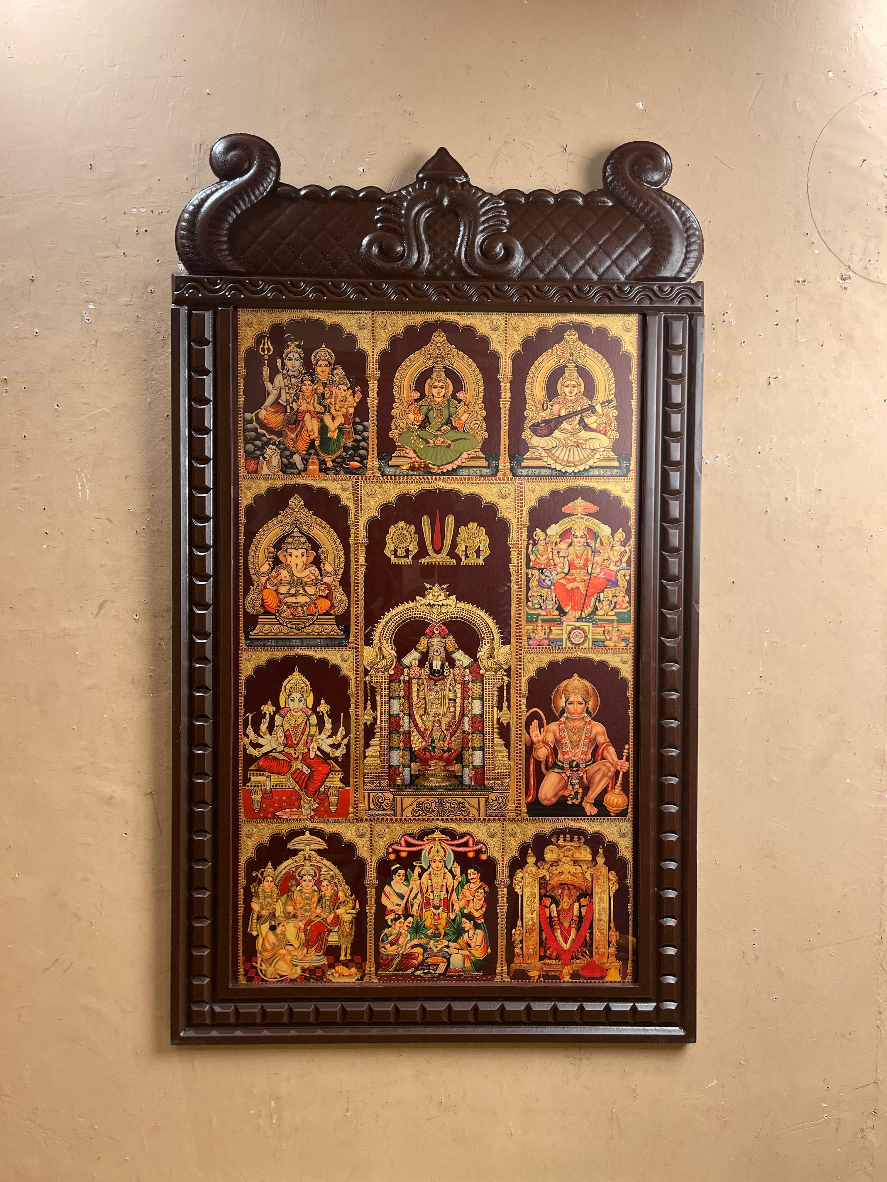 Gold-Leafed 11 Gods in One Frame – Tirupati Balaji, Shiva Parivaar, Lakshmi, Saraswati, Temple-Style Pooja Room Digital Artwork