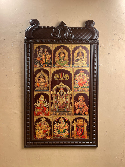 Gold-Leafed 11 Gods in One Frame – Tirupati Balaji, Shiva Parivaar, Lakshmi, Saraswati, Temple-Style Pooja Room Digital Artwork