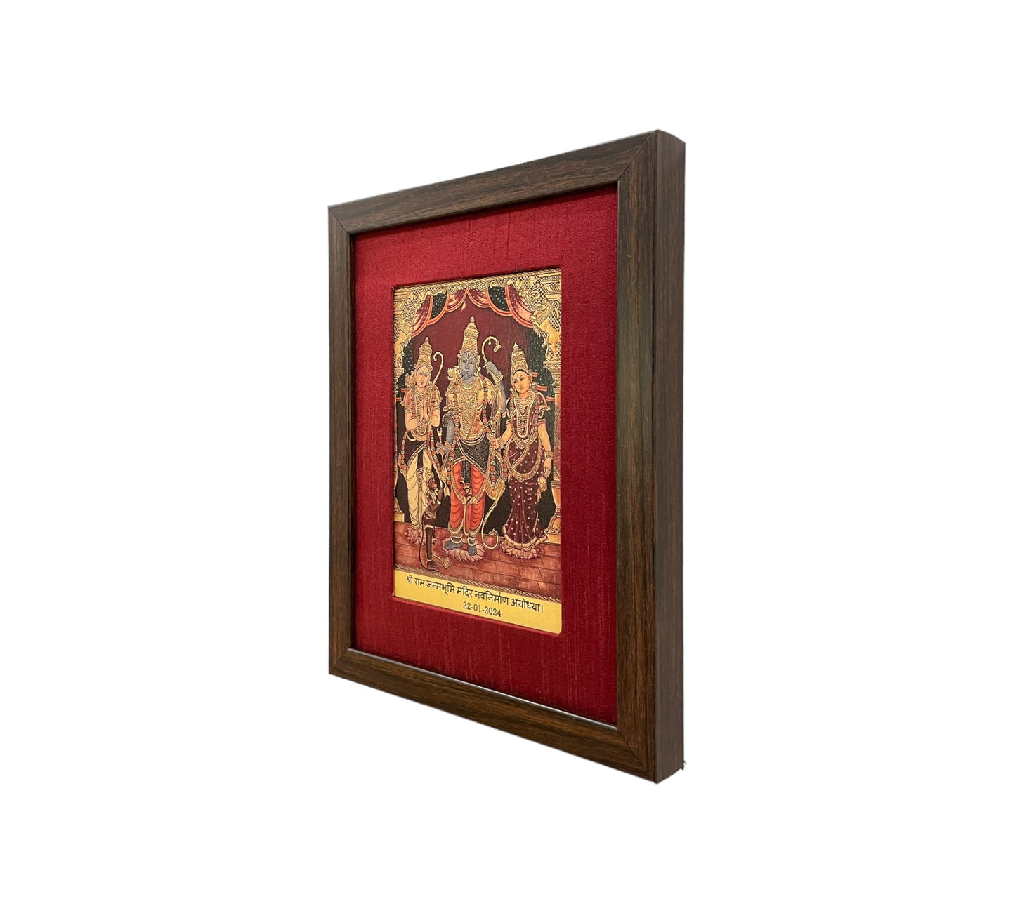 Rama,Sita,Lakshmana & Hanuman in Red Silk With Brown Frame