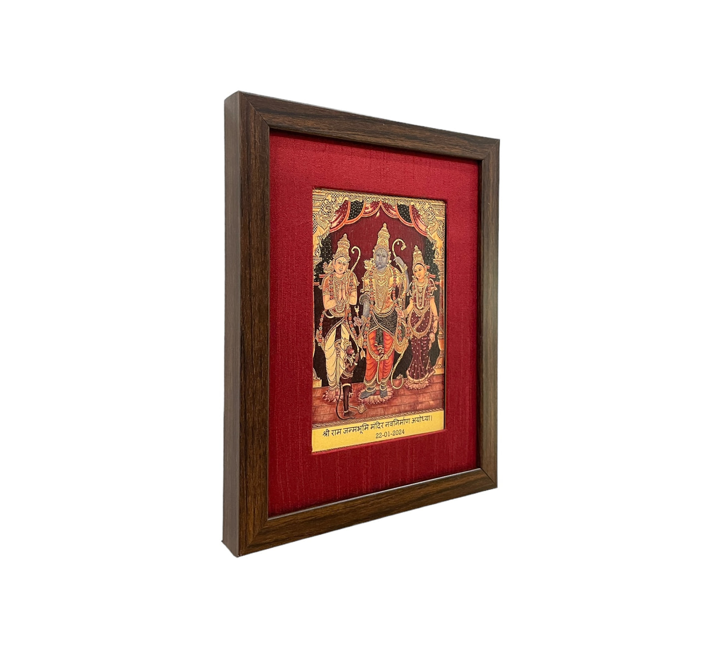 Rama,Sita,Lakshmana & Hanuman in Red Silk With Brown Frame