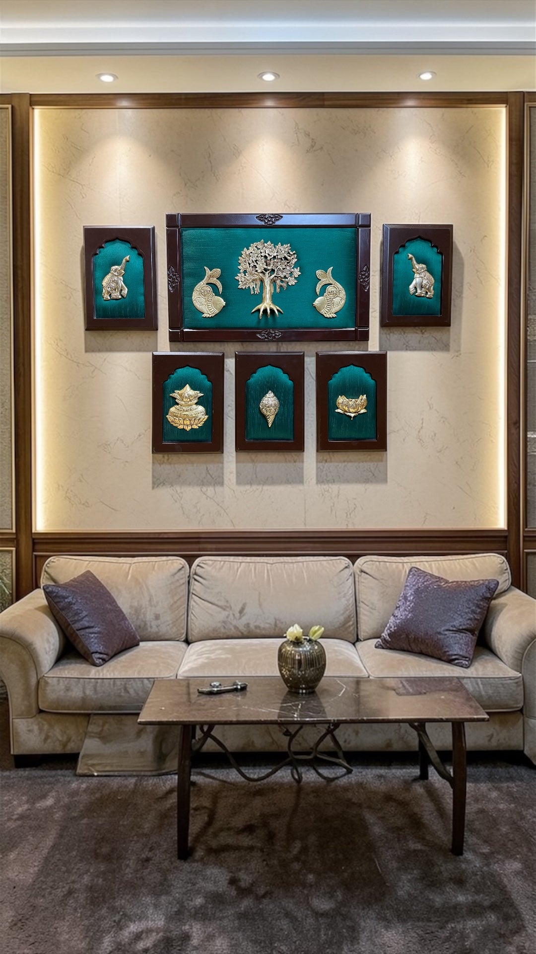 Premium Brass Kalpavriksha Wall Art Set with Shubh Labh, Elephants, Kalash & Shanku | Green Silk Backdrop | Engineer Wooden Frame