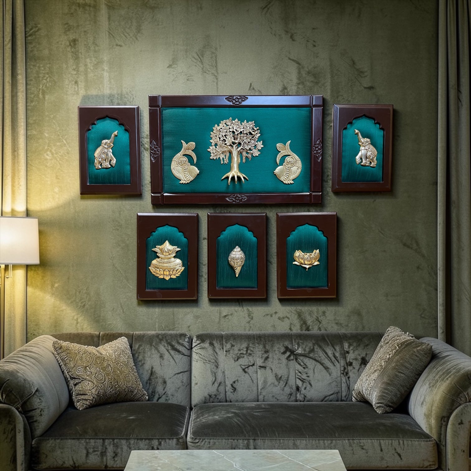 Premium Brass Kalpavriksha Wall Art Set with Shubh Labh, Elephants, Kalash & Shanku | Green Silk Backdrop | Engineer Wooden Frame