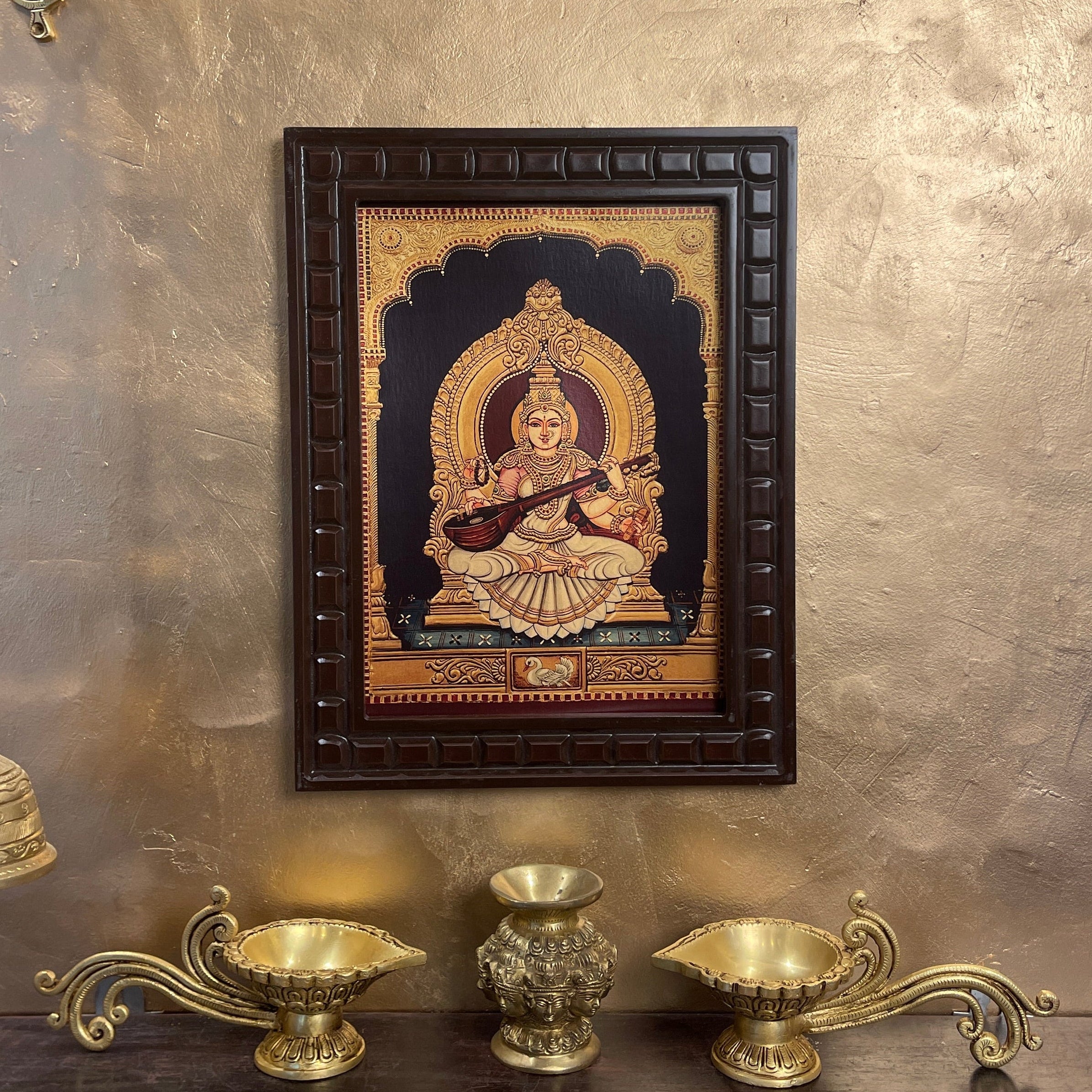 Saraswati Gold Leafed Artwork with Polished Engineered Wooden Frame