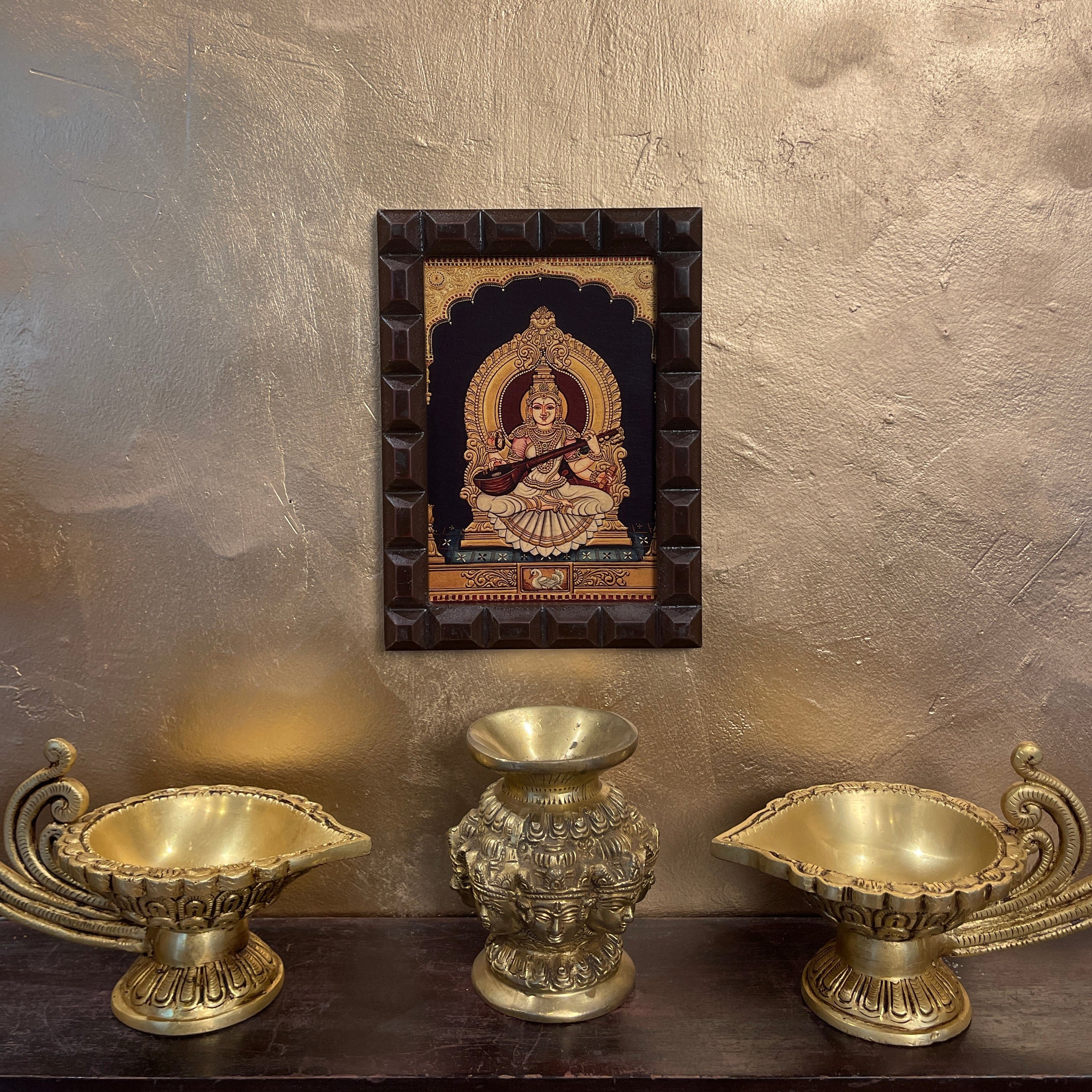 Saraswati Gold Leafed Artwork with Polished Engineered Wooden Frame