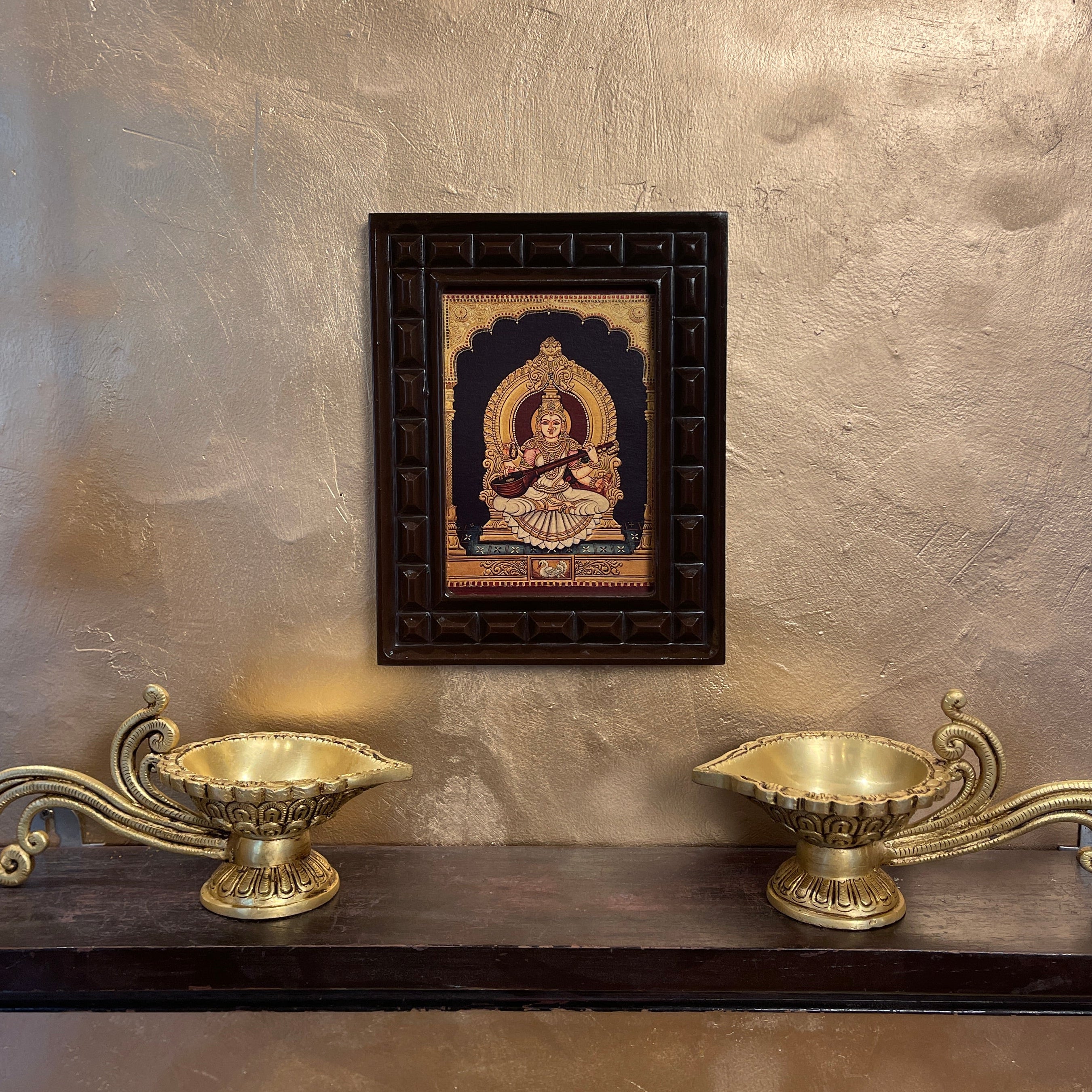 Saraswati Gold Leafed Artwork with Polished Engineered Wooden Frame