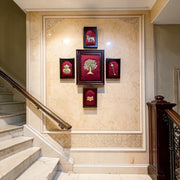 Set Of 5, Red Wall Art Set with Kalapvriksha, Gadha, lotus, kamdhenu, Kuber Kalash