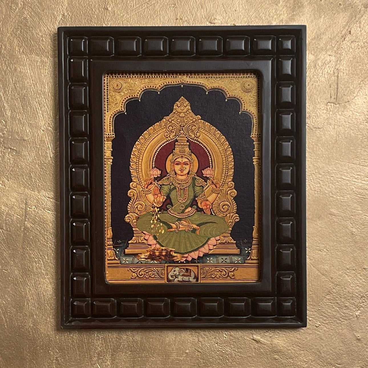 Shree Lakshmi Green Saree Gold Leafed Art With Wooden Frame