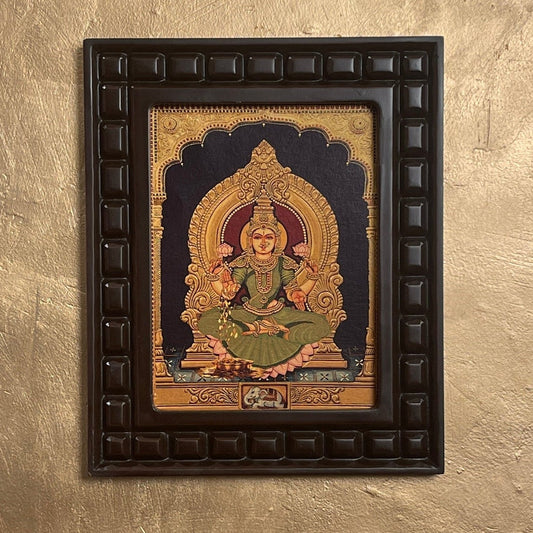 Shree Lakshmi Green Saree Gold Leafed Art With Wooden Frame